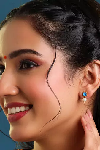 Gold plated kundan blue stone pearl earrings