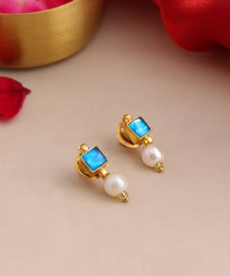 Gold plated kundan blue stone pearl earrings 5