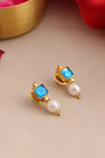 Gold plated kundan blue stone pearl earrings