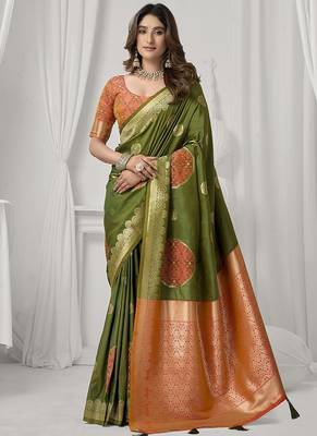 olive soft silk blend with fancy pom pom detailing festive wear saree 1