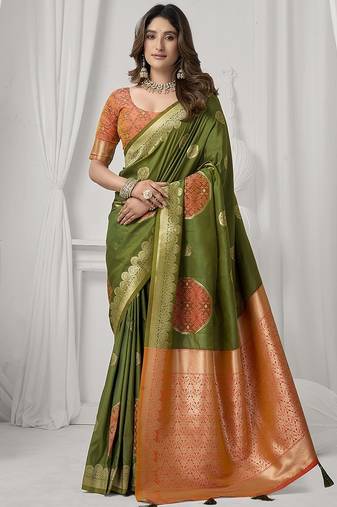 olive soft silk blend with fancy pom pom detailing festive wear saree