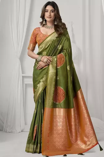 olive soft silk blend with fancy pom pom detailing festive wear saree