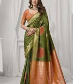 olive soft silk blend with fancy pom pom detailing festive wear saree