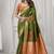 olive soft silk blend with fancy pom pom detailing festive wear saree