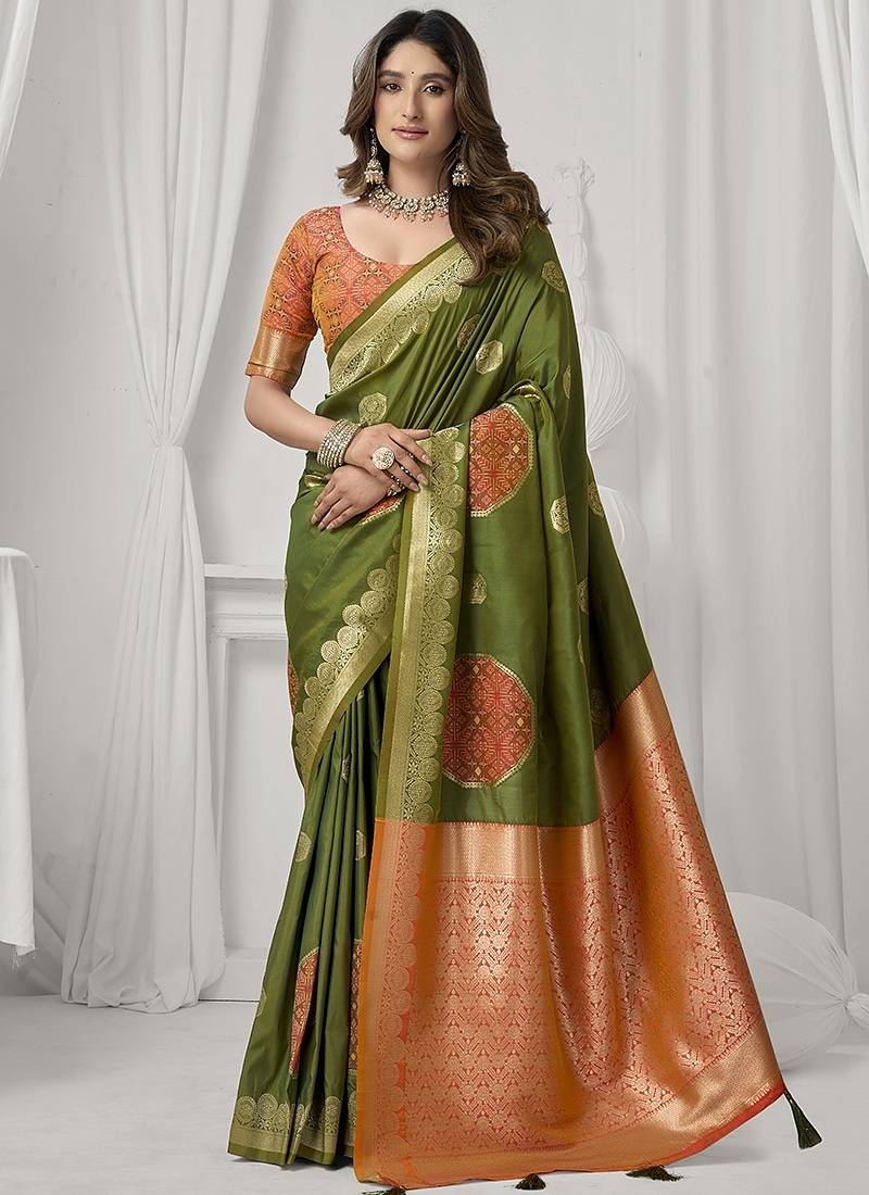 olive soft silk blend with fancy pom pom detailing festive wear saree