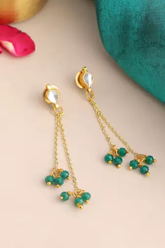 Gold plated kundan green chain earrings