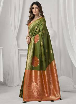 olive soft silk blend with fancy pom pom detailing festive wear saree 2