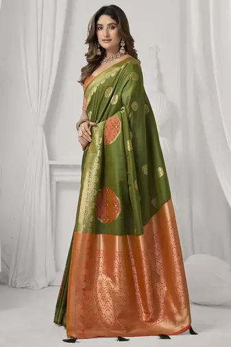 olive soft silk blend with fancy pom pom detailing festive wear saree