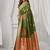 olive soft silk blend with fancy pom pom detailing festive wear saree