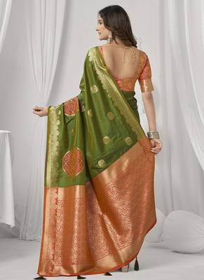 olive soft silk blend with fancy pom pom detailing festive wear saree 3