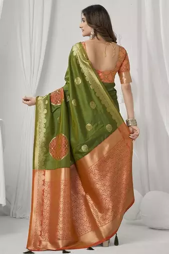 olive soft silk blend with fancy pom pom detailing festive wear saree
