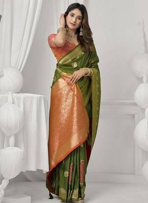 olive soft silk blend with fancy pom pom detailing festive wear saree 4