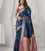 teal blue soft silk blend with fancy pom pom detailing festive wear saree