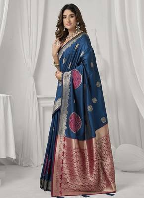 teal blue soft silk blend with fancy pom pom detailing festive wear saree 2