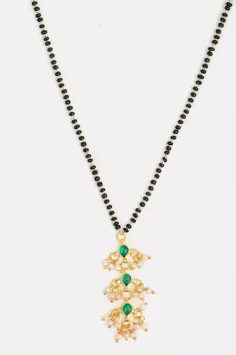 Gold plated beaded kundan green stone mangalsutra