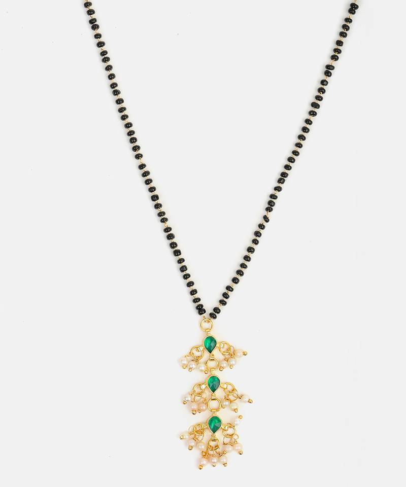 Gold plated beaded kundan green stone mangalsutra