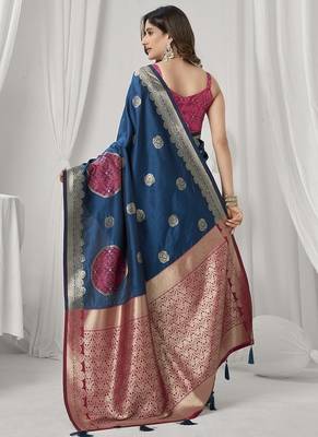 teal blue soft silk blend with fancy pom pom detailing festive wear saree 3