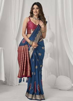 teal blue soft silk blend with fancy pom pom detailing festive wear saree 4