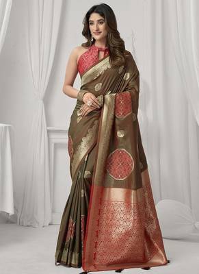 brown soft silk blend with fancy pom pom detailing festive wear saree 1
