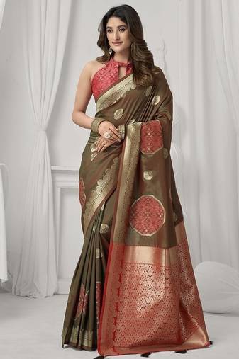 brown soft silk blend with fancy pom pom detailing festive wear saree