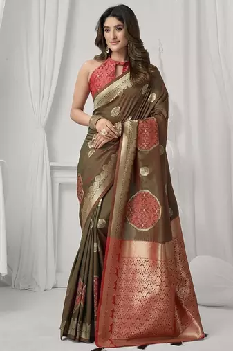 brown soft silk blend with fancy pom pom detailing festive wear saree