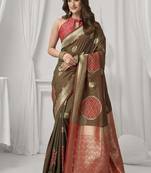 brown soft silk blend with fancy pom pom detailing festive wear saree