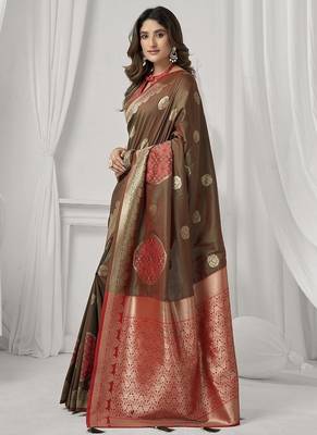 brown soft silk blend with fancy pom pom detailing festive wear saree 2