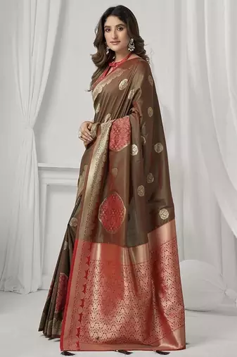 brown soft silk blend with fancy pom pom detailing festive wear saree