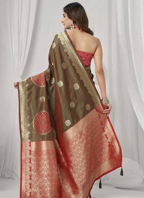 brown soft silk blend with fancy pom pom detailing festive wear saree 3