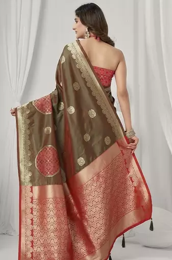 brown soft silk blend with fancy pom pom detailing festive wear saree