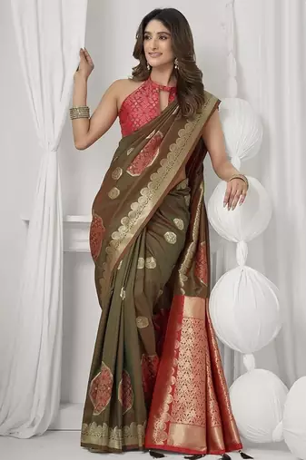 brown soft silk blend with fancy pom pom detailing festive wear saree