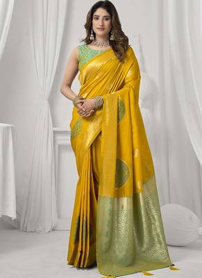 mustard soft silk blend with fancy pom pom detailing festive wear saree 1