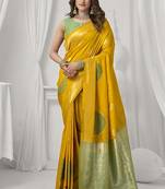 mustard soft silk blend with fancy pom pom detailing festive wear saree