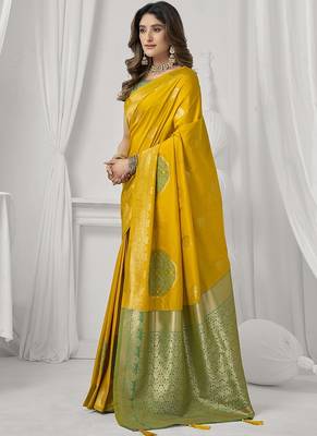 mustard soft silk blend with fancy pom pom detailing festive wear saree 2