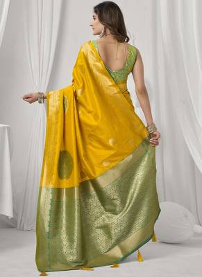 mustard soft silk blend with fancy pom pom detailing festive wear saree 3