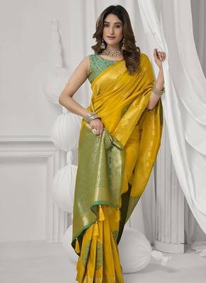 mustard soft silk blend with fancy pom pom detailing festive wear saree 4