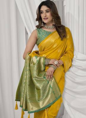 mustard soft silk blend with fancy pom pom detailing festive wear saree 5