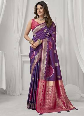 purple soft silk blend with fancy pom pom detailing festive wear saree 1