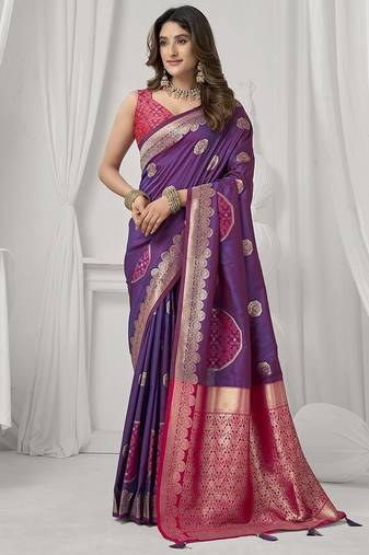 purple soft silk blend with fancy pom pom detailing festive wear saree