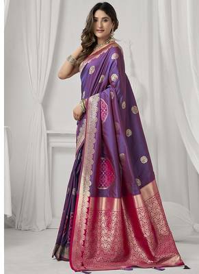 purple soft silk blend with fancy pom pom detailing festive wear saree 2