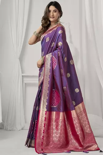 purple soft silk blend with fancy pom pom detailing festive wear saree