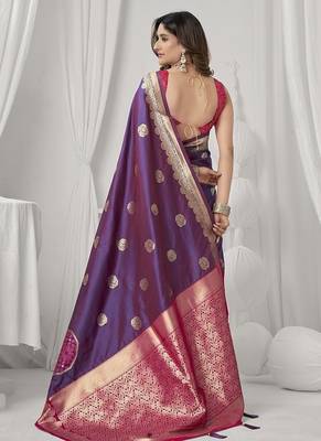 purple soft silk blend with fancy pom pom detailing festive wear saree 3