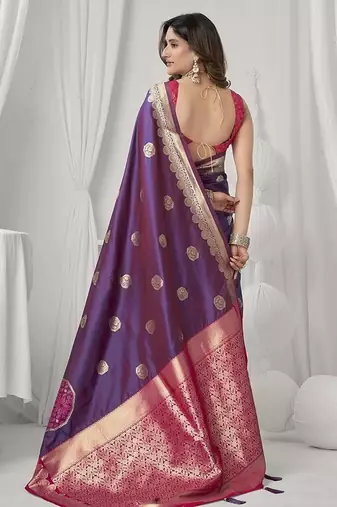 purple soft silk blend with fancy pom pom detailing festive wear saree