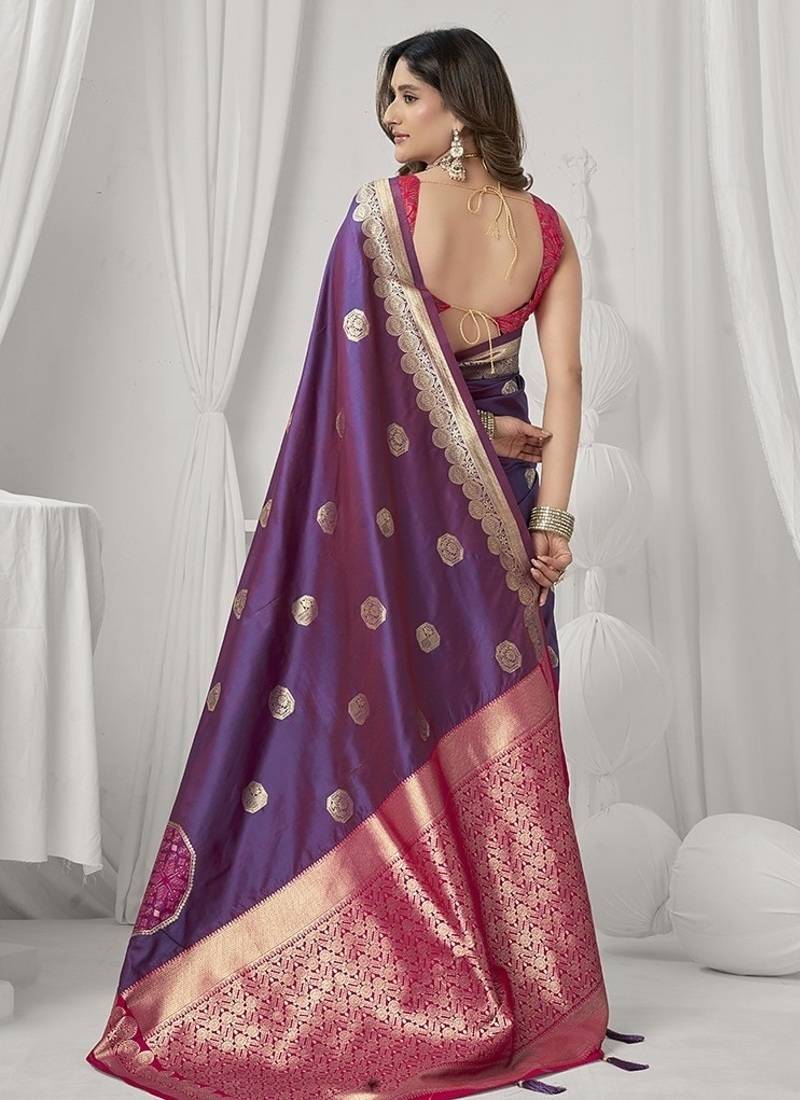 purple soft silk blend with fancy pom pom detailing festive wear saree