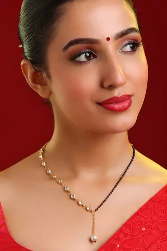 Gold plated kundan beaded white stones chain mangalsutra
