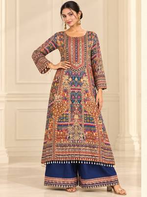 Navy blue crepe silk blend printed suit set 2