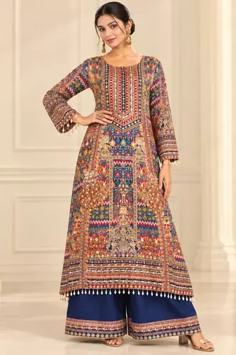 Navy blue crepe silk blend printed suit set