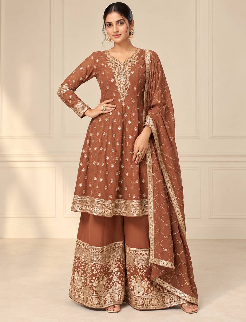Brown heavy georgette embroidered suit se
