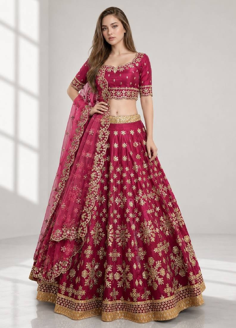 MAROON SEQUINS & EMBROIDERED ART SILK FESTIVAL LEHENGA CHOLI SET