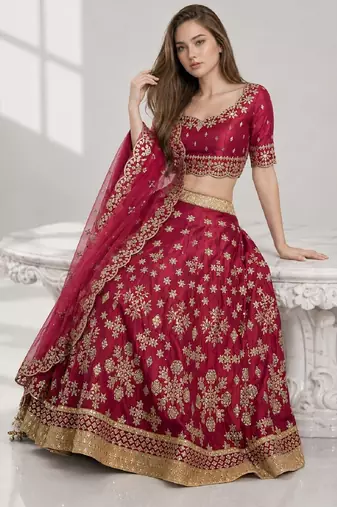 MAROON SEQUINS & EMBROIDERED ART SILK FESTIVAL LEHENGA CHOLI SET